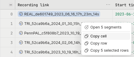 Table context menu with Copy cell, Copy row, and Copy selected rows