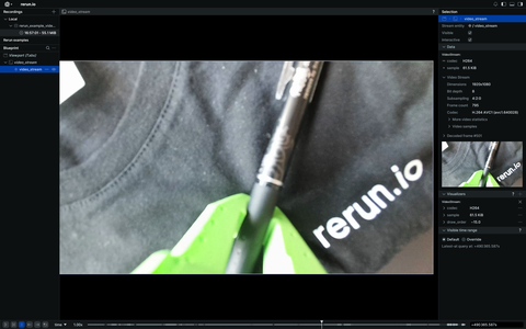 Screenshot of the Rerun viewer demoing the $Compressed camera video stream example