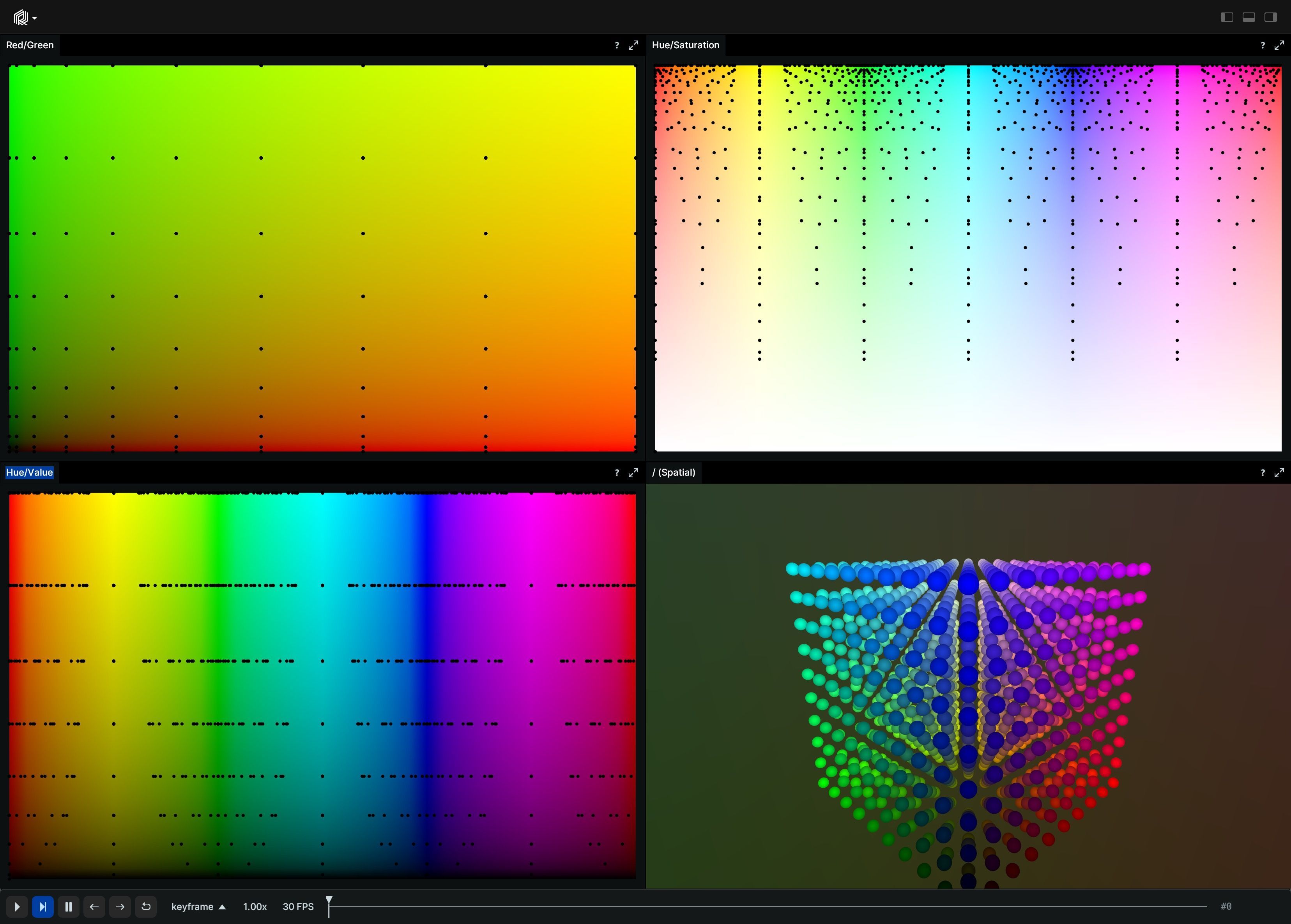 The Rerun Viewer, extended with a custom Space View that is shown three times, each time showing points on a colored plane