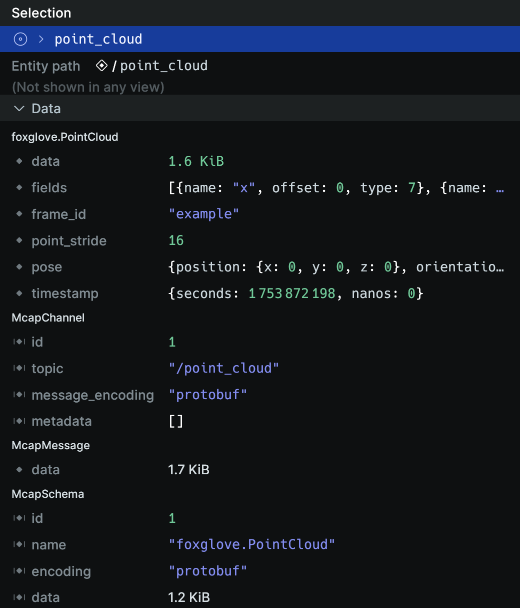 Screenshot of MCAP messages converted to raw Arrow data in the selection panel