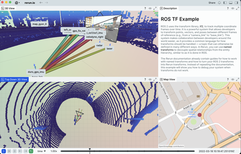 Screenshot of the Rerun viewer demoing the $ROS TF example