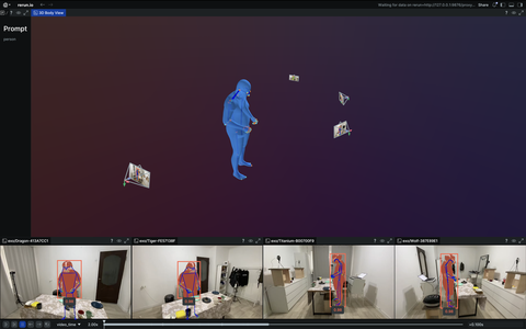 Screenshot of the Rerun viewer demoing the $SAM 3D body: robust Full-Body human mesh recovery example
