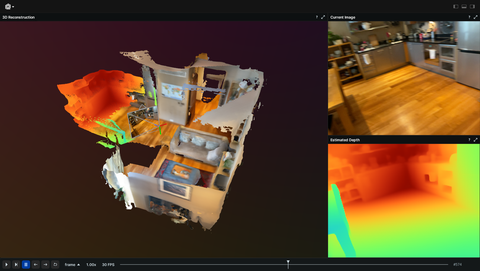 Screenshot of the Rerun viewer demoing the SimpleRecon: 3D Reconstruction Without 3D Convolutions example