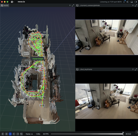 Screenshot of the Rerun viewer demoing the $Mast3r slam - real-time dense slam with 3D reconstruction priors example