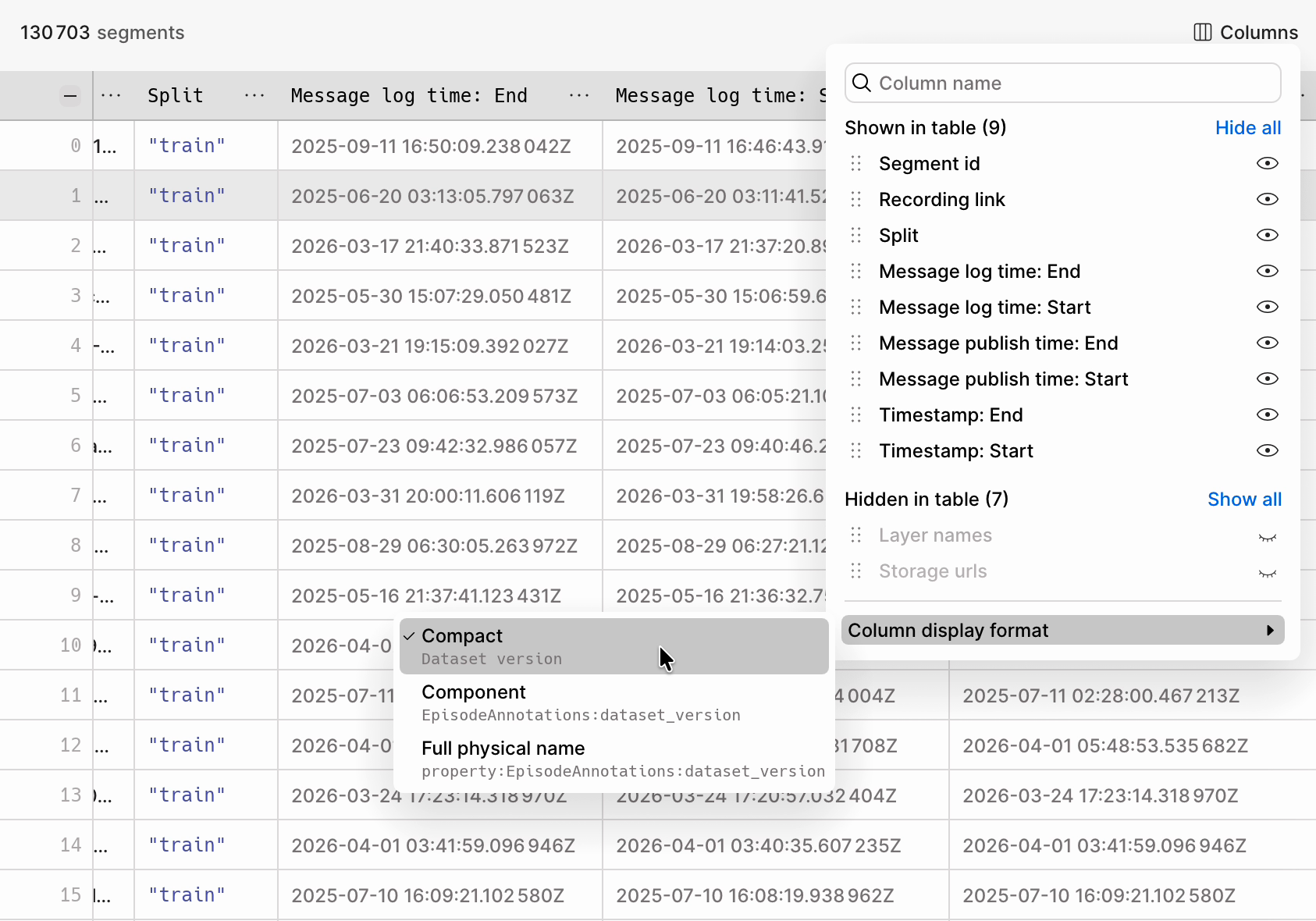 Column settings menu with show/hide-all buttons and the column display format submenu