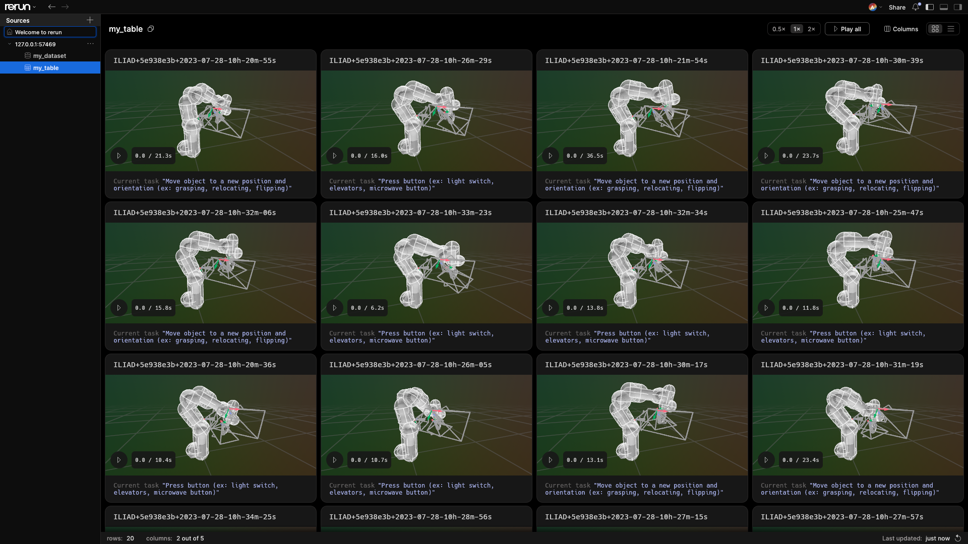 Card layout with the episode UUID as title, a 3D segment preview, and the current task on each card