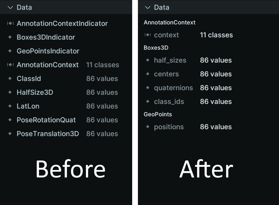 tagged component selection panel before and after