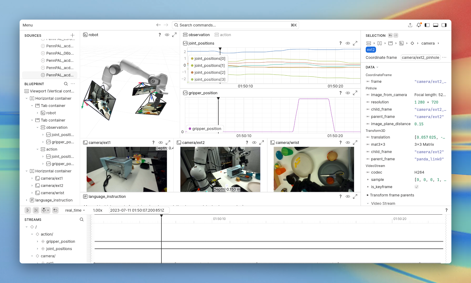 The refreshed Viewer showing a robot manipulation episode, with the command palette in the top bar